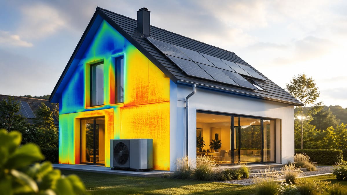 Świadectwa energetyczne Cieszyn – nowoczesny dom z panelami fotowoltaicznymi, pompą ciepła i wizualizacją strat energii.